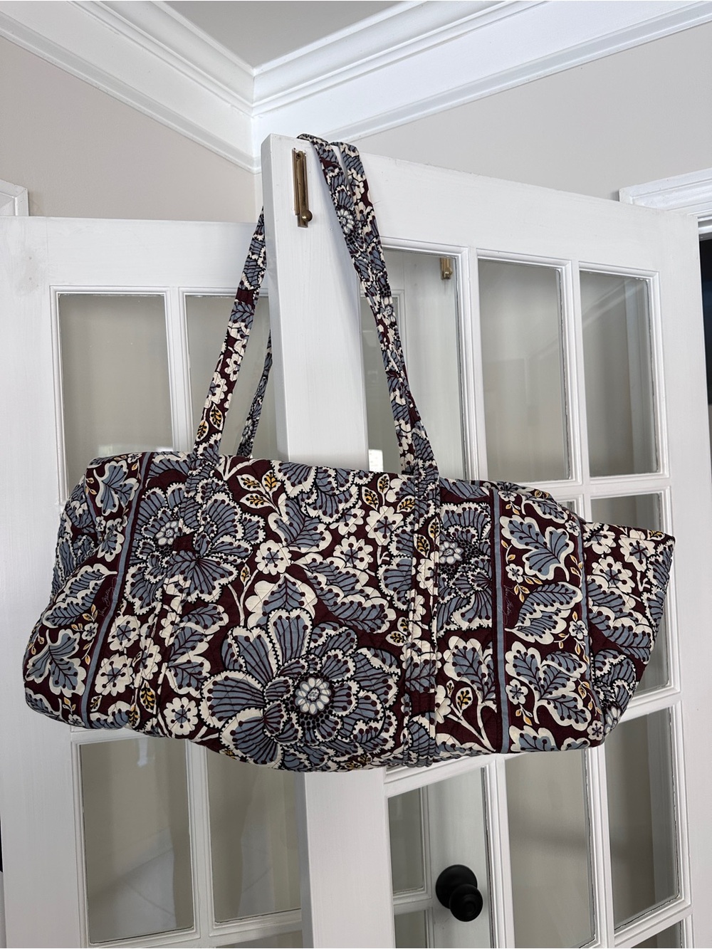 Floral Quilted Travel Tote in Brown, Cream & Blue